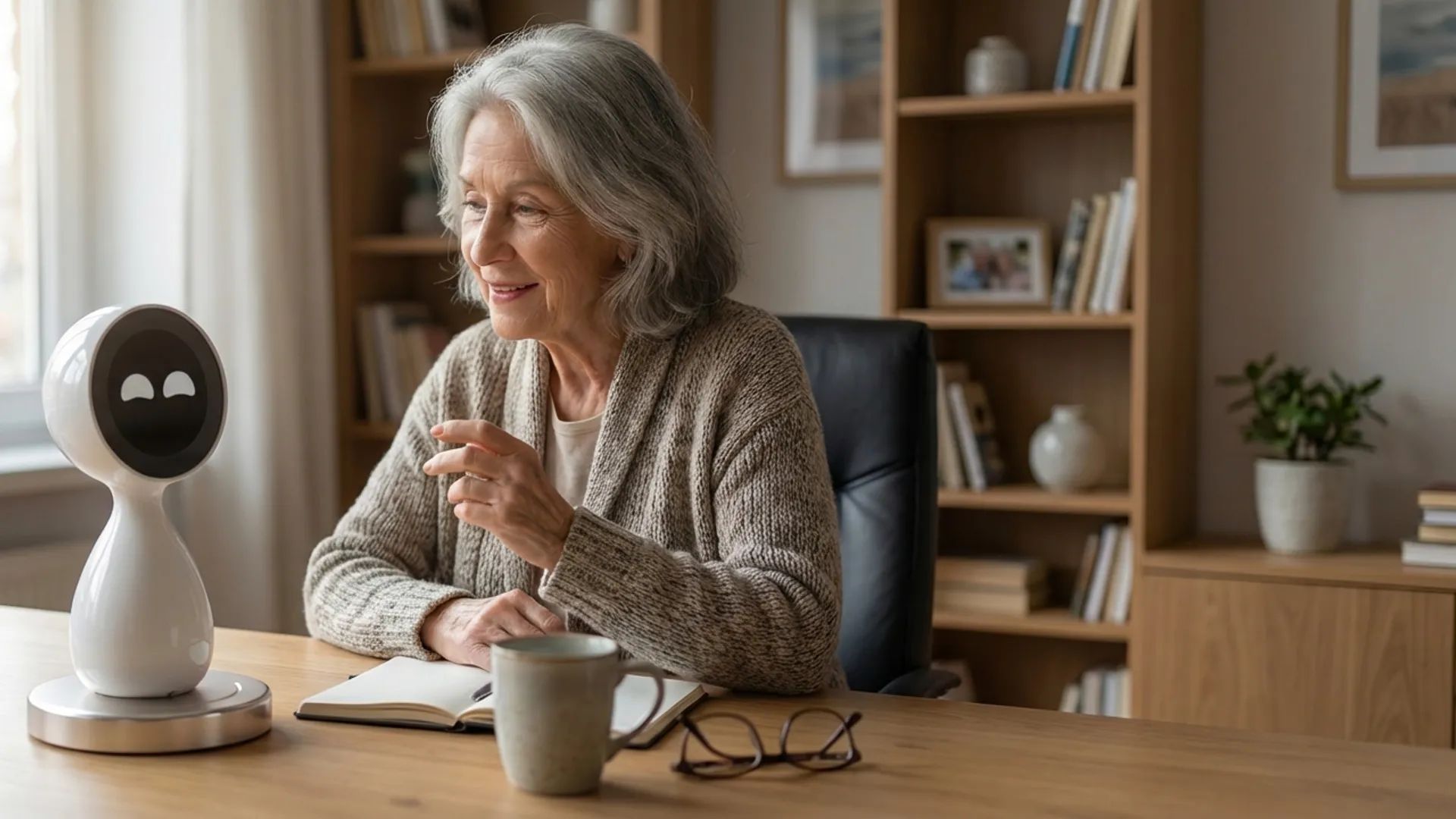 An elderly woman at her desk chatting with her TalkaFlow Companion — a warm white voice companion with a friendly two-eye face on a metallic base, in a cosy home
