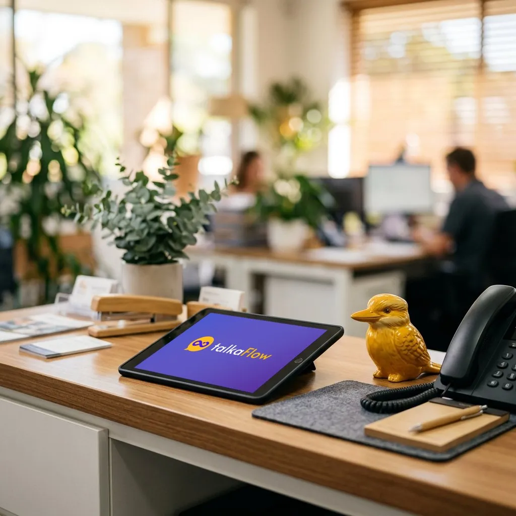 A customer support desk with a tablet showing talkaFlow beside a desk phone, the support team at work behind