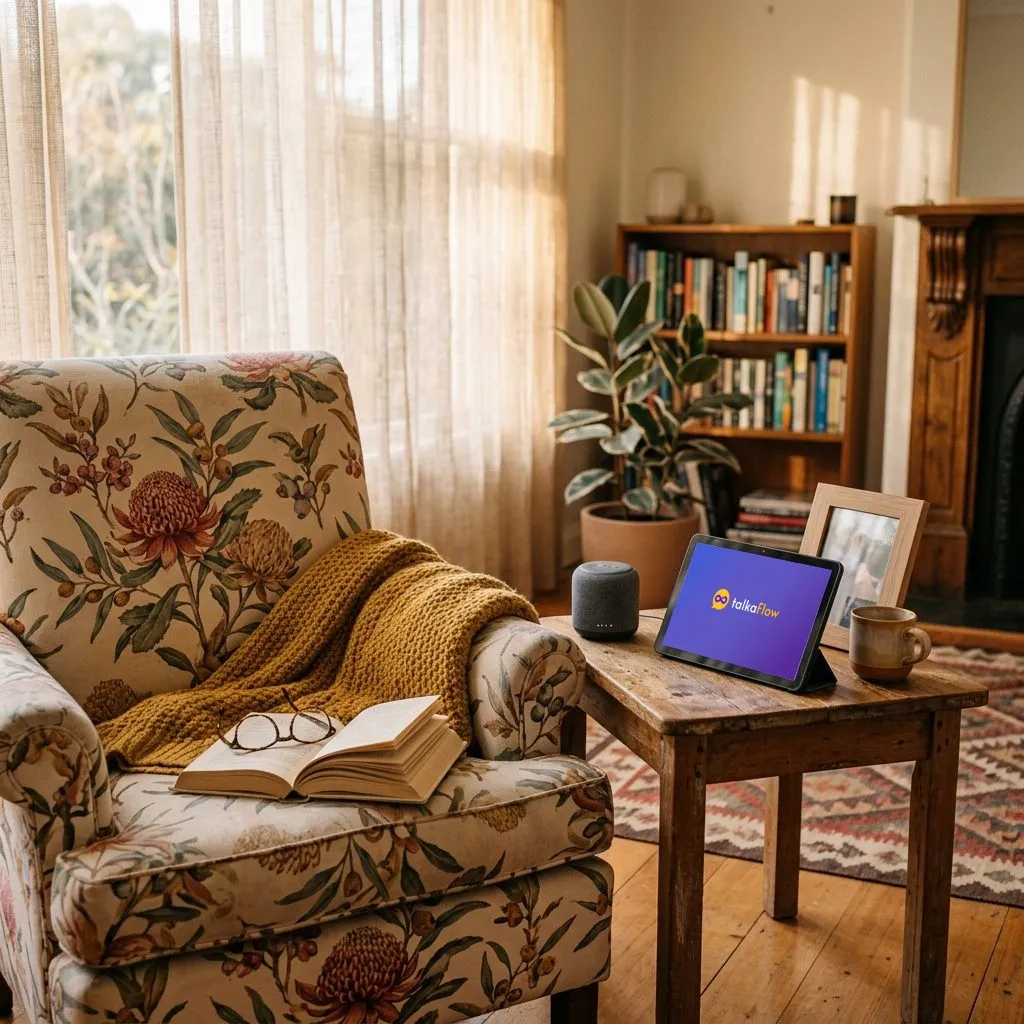 A sunlit living room: a tablet showing talkaFlow and a small voice device on a side table, beside a floral armchair with a knitted blanket and an open book