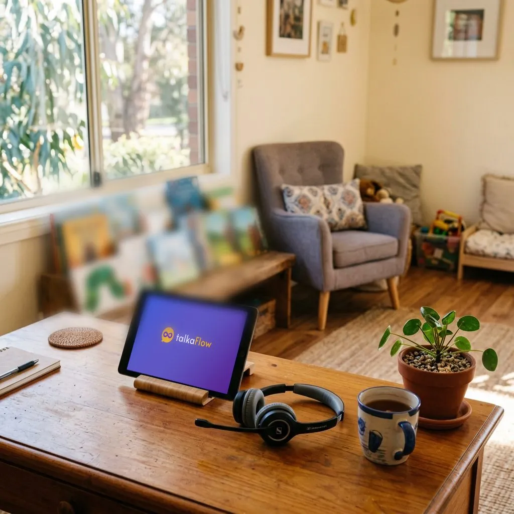 A family support room: a tablet showing talkaFlow on a timber desk with a headset and a mug, a soft armchair and a shelf of picture books behind