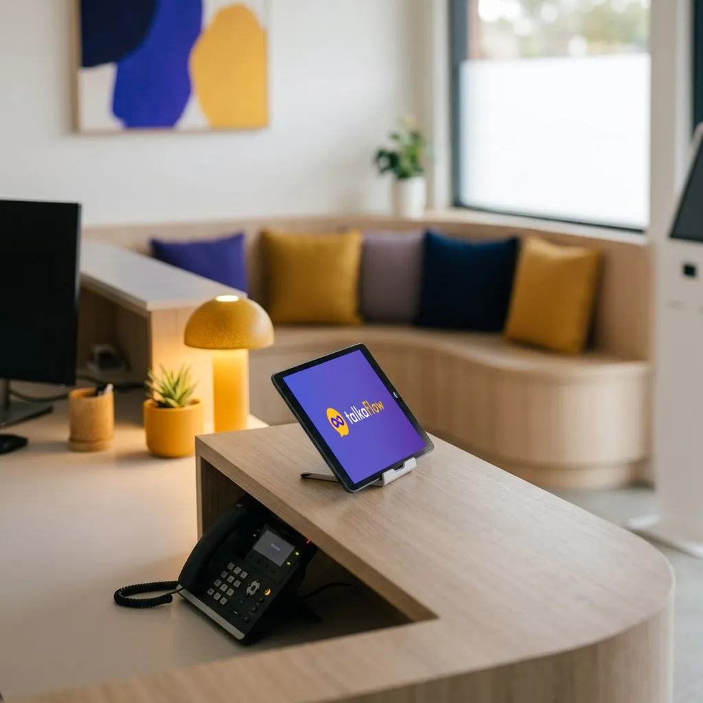 A clinic reception desk with a tablet showing talkaFlow, a desk phone and a warm lamp, the waiting area behind