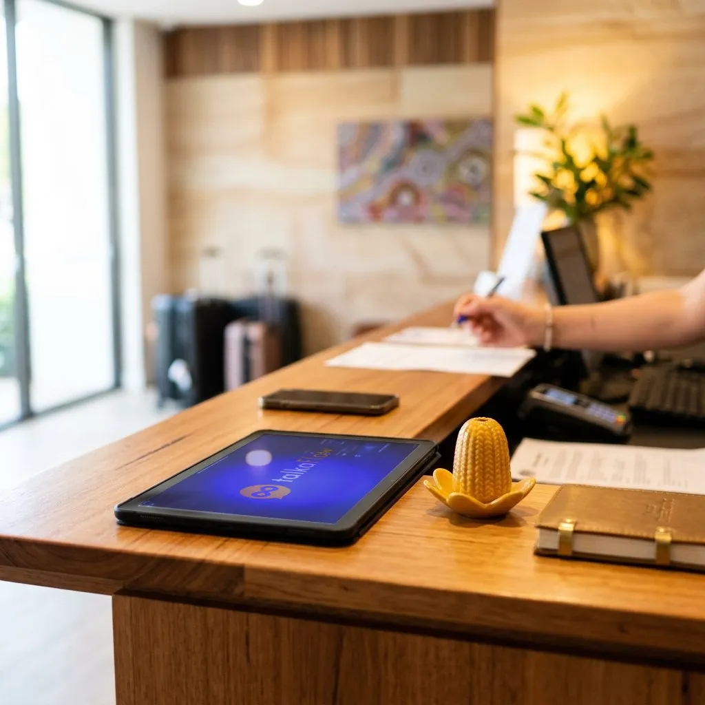 A hotel front desk with a tablet showing talkaFlow on the timber counter, guests’ luggage in the lobby behind