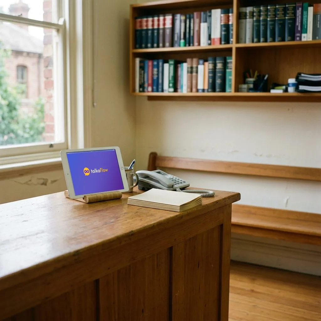 A community legal centre counter with a tablet showing talkaFlow, a desk phone and leaflets, shelves of law books behind