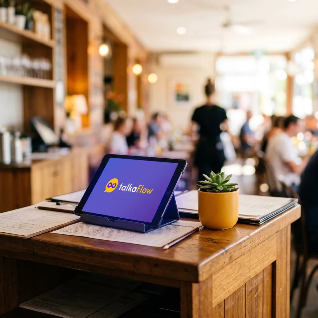 A restaurant host stand with a tablet showing talkaFlow, the busy dining room behind