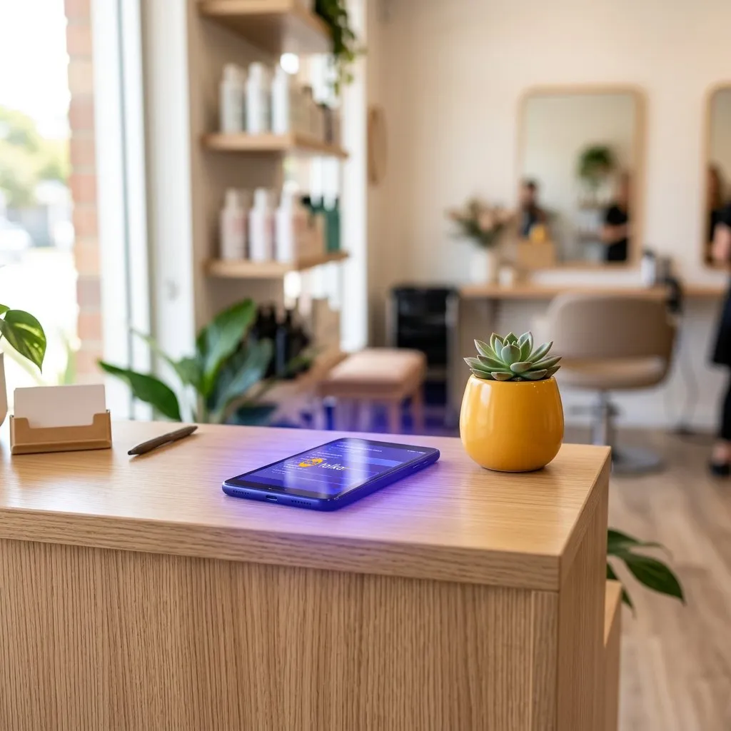 A hair salon front desk with a phone showing talkaFlow, styling chairs and mirrors behind
