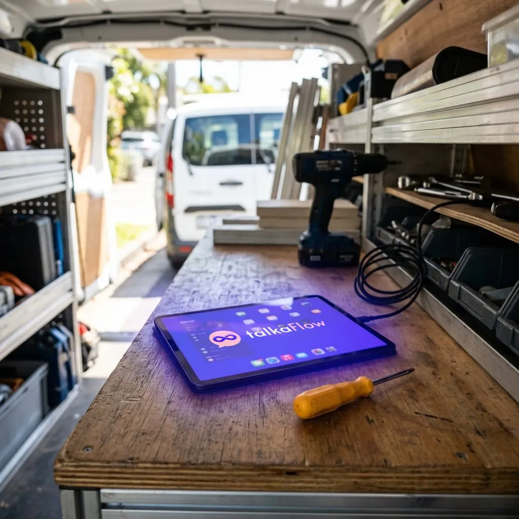 Inside a service technician’s van: a tablet showing talkaFlow on the workbench, beside a drill and a screwdriver