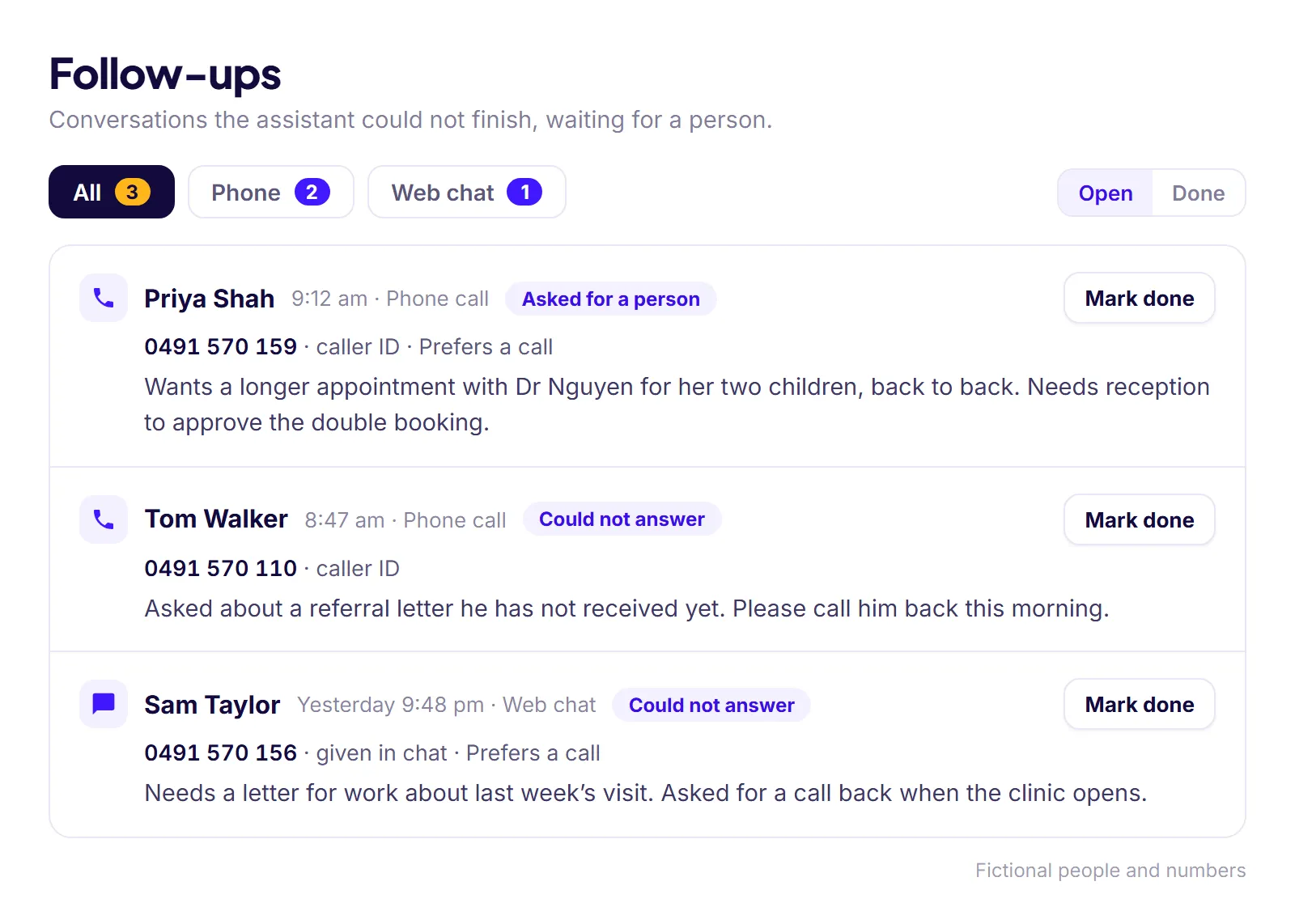 The talkaFlow Follow-ups page for a fictional clinic: tabs for all, phone and web chat with waiting counts, and three follow-ups, each with the person’s name and number, the reason, the AI’s summary and a Mark done button.