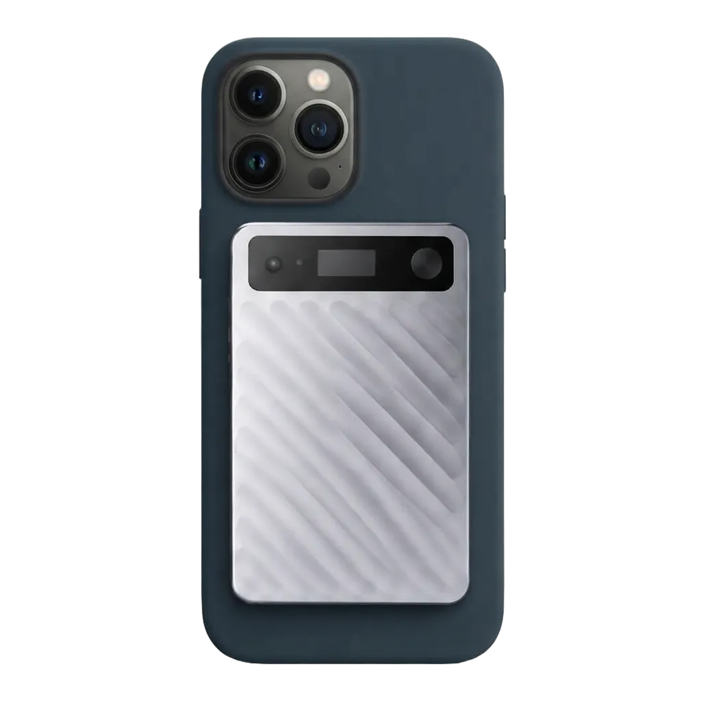 A silver talkaNote attached to the back of a phone